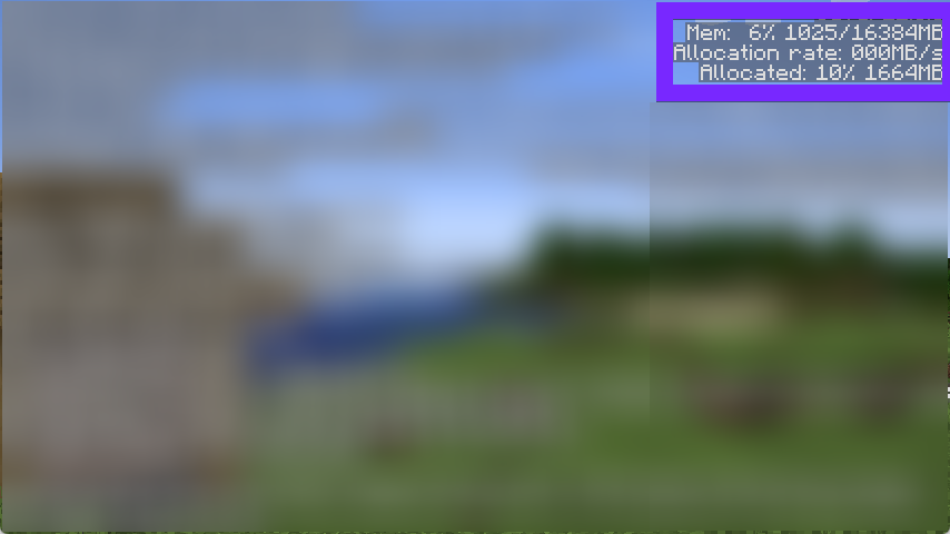 minecraft in-game debug screen showing allocated memory after increasing ram to 16gb