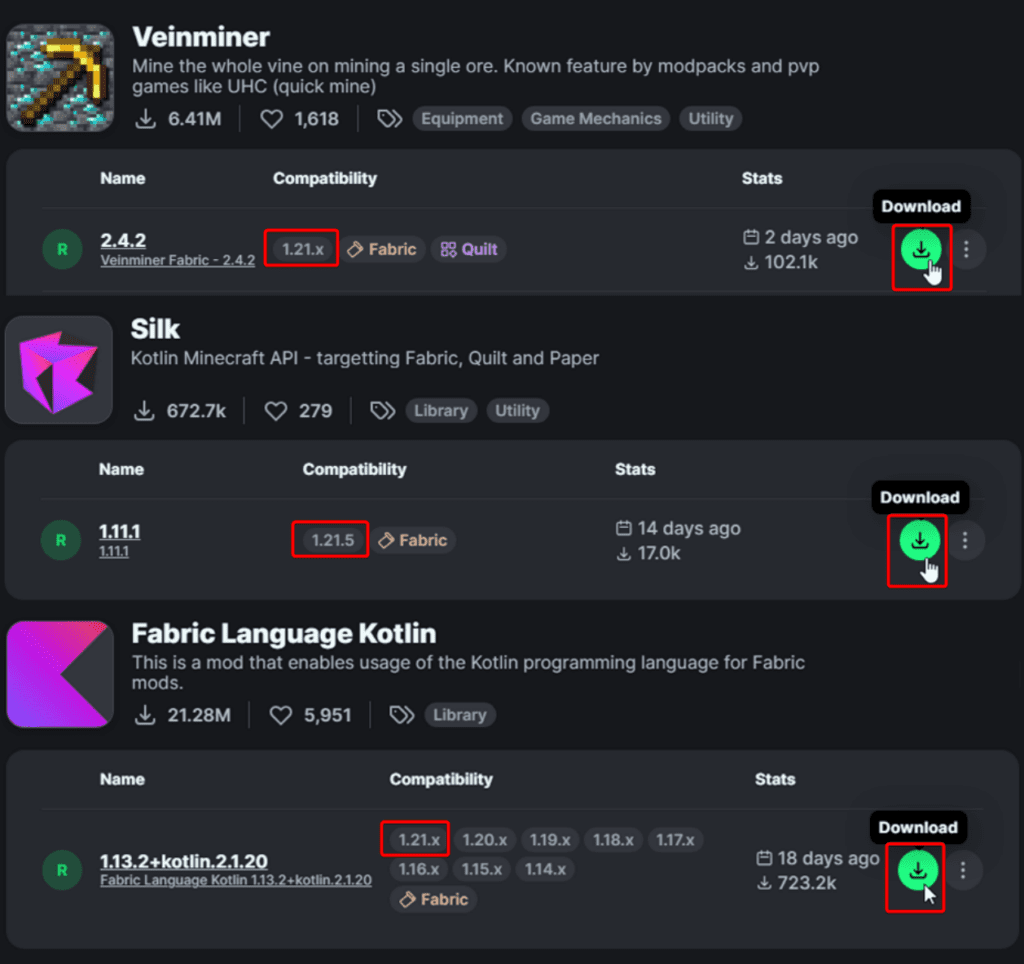 Download page for Veinminer, Silk, and Fabric Language Kotlin mods on Modrinth with compatibility for Minecraft 1.21.5