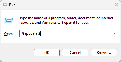 Windows Run dialog box with %appdata% typed to open Minecraft folder