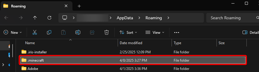 Roaming folder in Windows showing .minecraft folder highlighted for mod installation