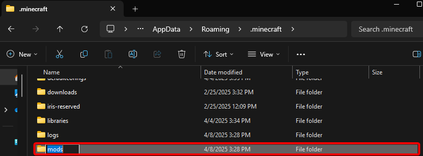 .minecraft folder showing newly created or existing mods folder