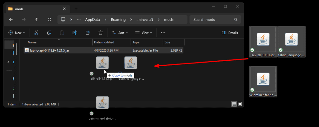 Dragging Veinminer and dependencies into Minecraft mods folder for Fabric installation