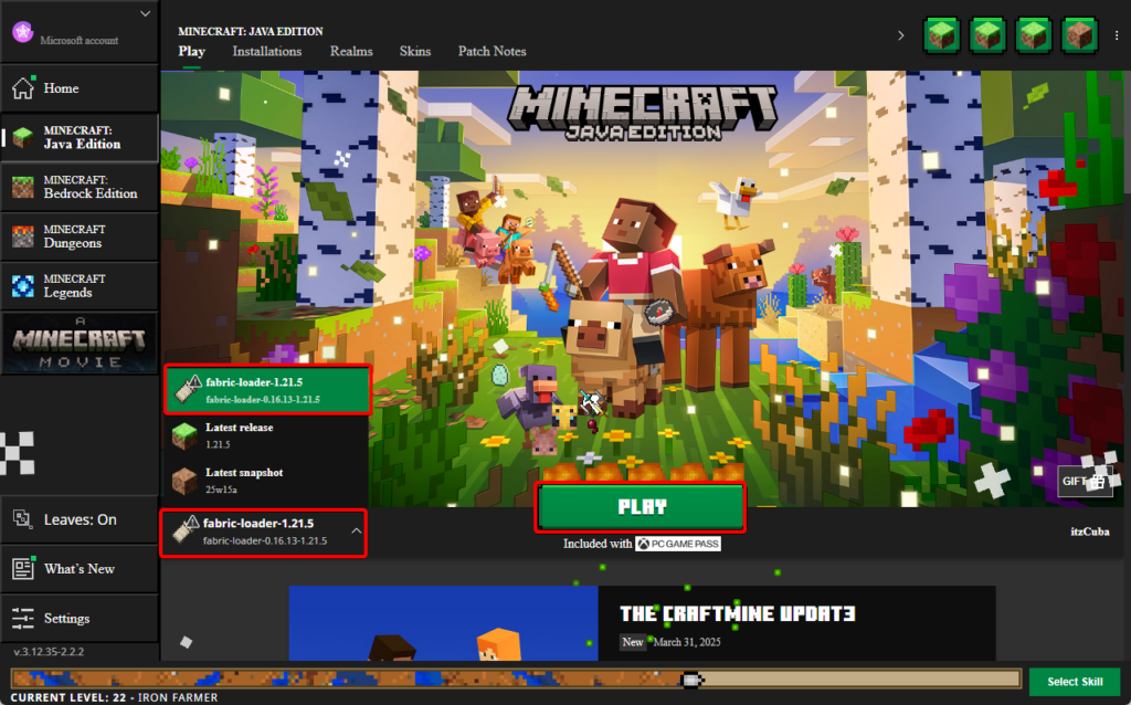 Minecraft Java launcher with Fabric 1.21.5 selected before launching the game