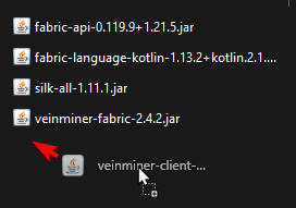 Java mod files including veinminer-client jar and dependencies in a local folder