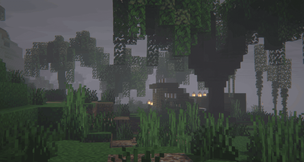 minecraft insanity shader foggy forest with cabin and lanterns