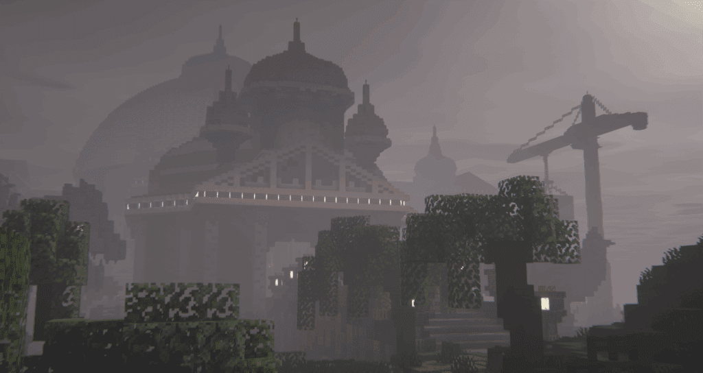 minecraft insanity shader palace dome with misty sky and trees