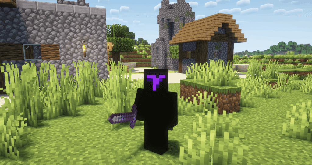minecraft player holding sharpness 255 netherite sword in village 1.21.5