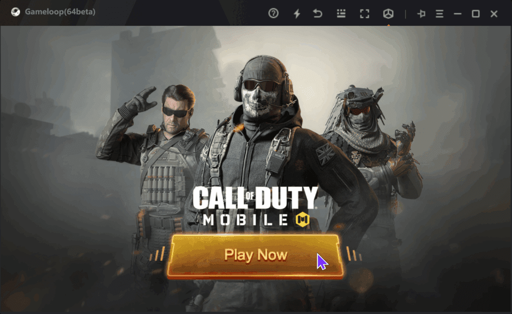 call of duty mobile play now screen inside gameloop emulator interface