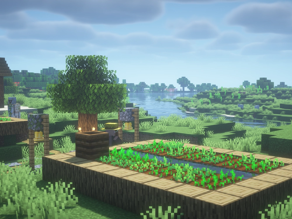 minecraft village farm with bsl shaders lighting water effects
