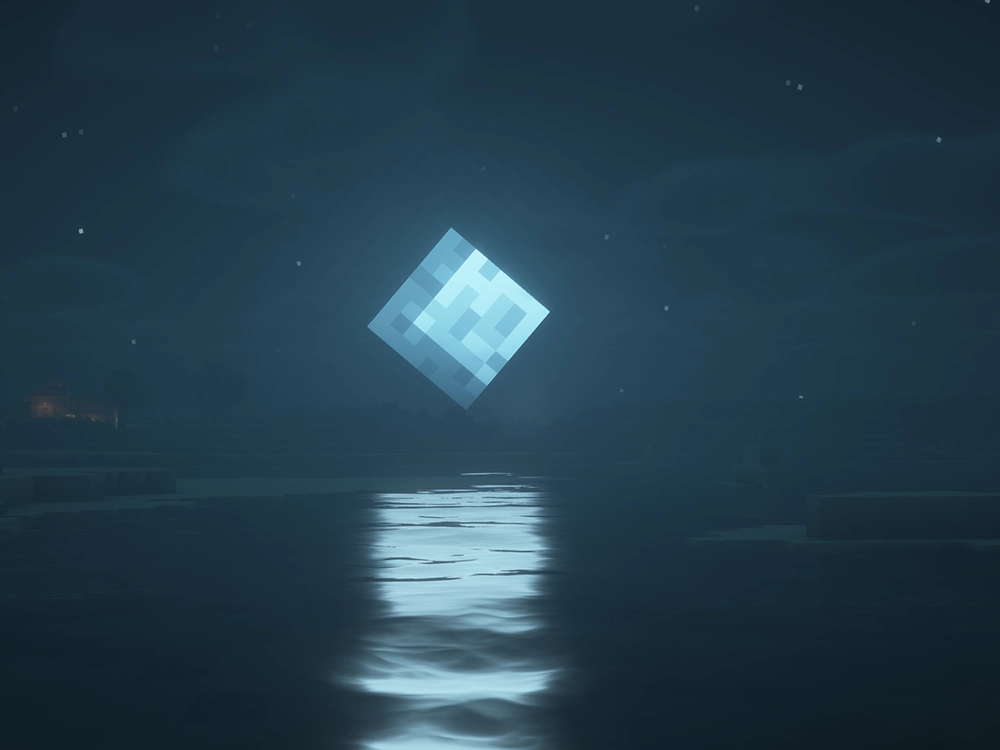 bsl shaders moon reflection over minecraft lake night sky