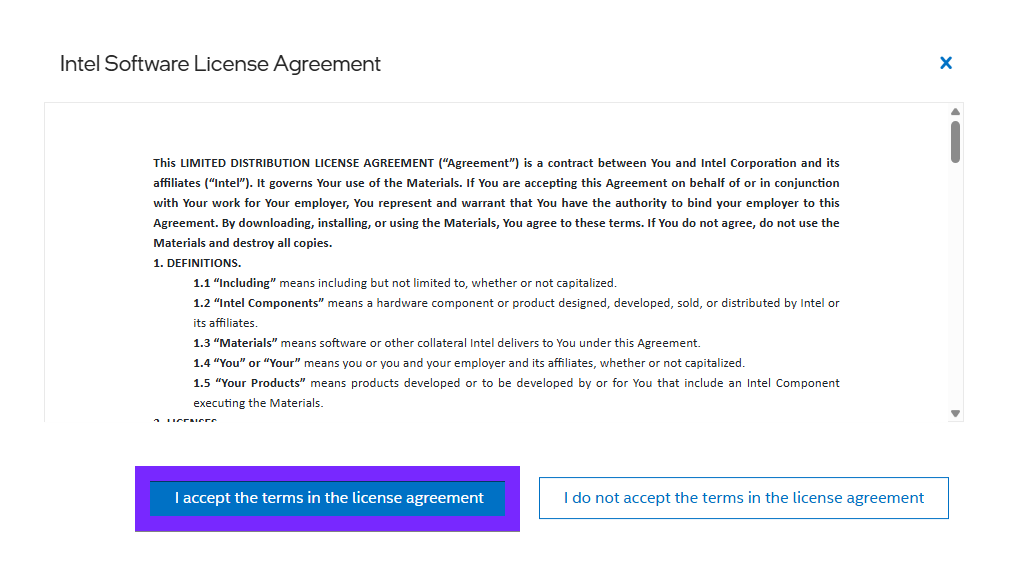 Accept Intel software license agreement to download Bluetooth drivers