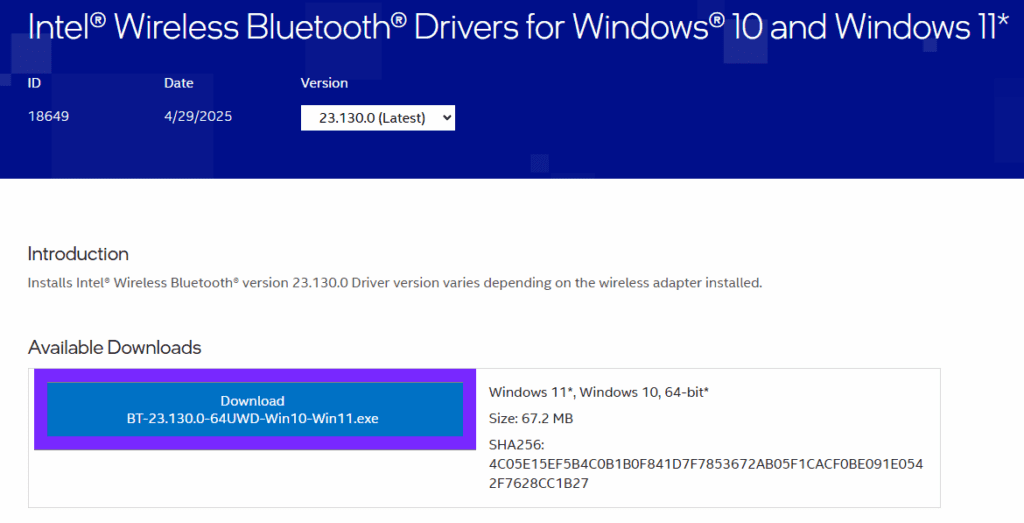 Intel Bluetooth driver download for Windows 11 64-bit latest version