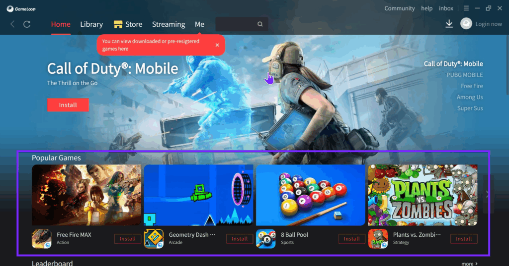 gameloop homepage showing call of duty mobile and popular android games to install