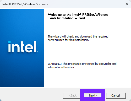 Intel PROSet wireless setup wizard click next to install Bluetooth driver