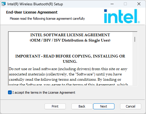 Intel wireless Bluetooth setup accept license agreement screen