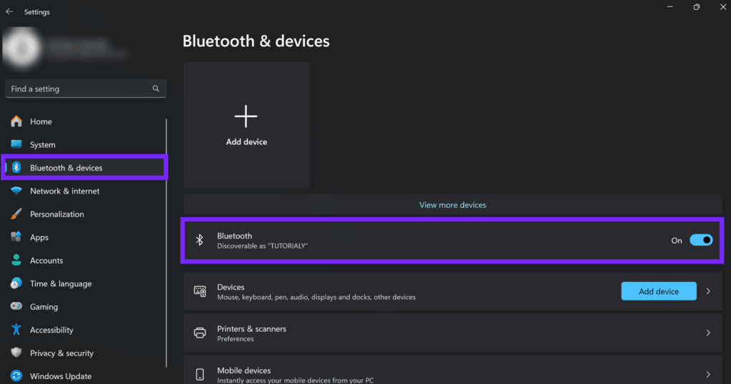 Enable Bluetooth in Windows 11 from Bluetooth and devices settings