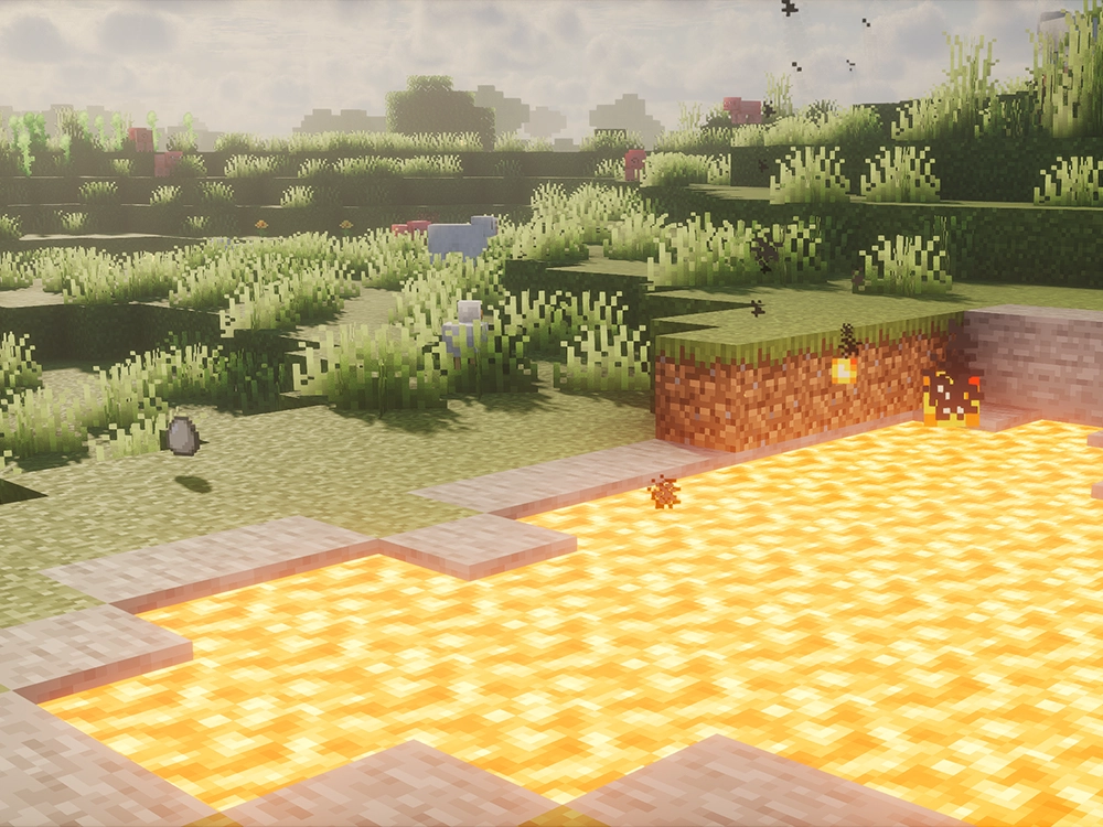 Photon Shaders Minecraft lava pool with glowing light and particle effects in grassy terrain