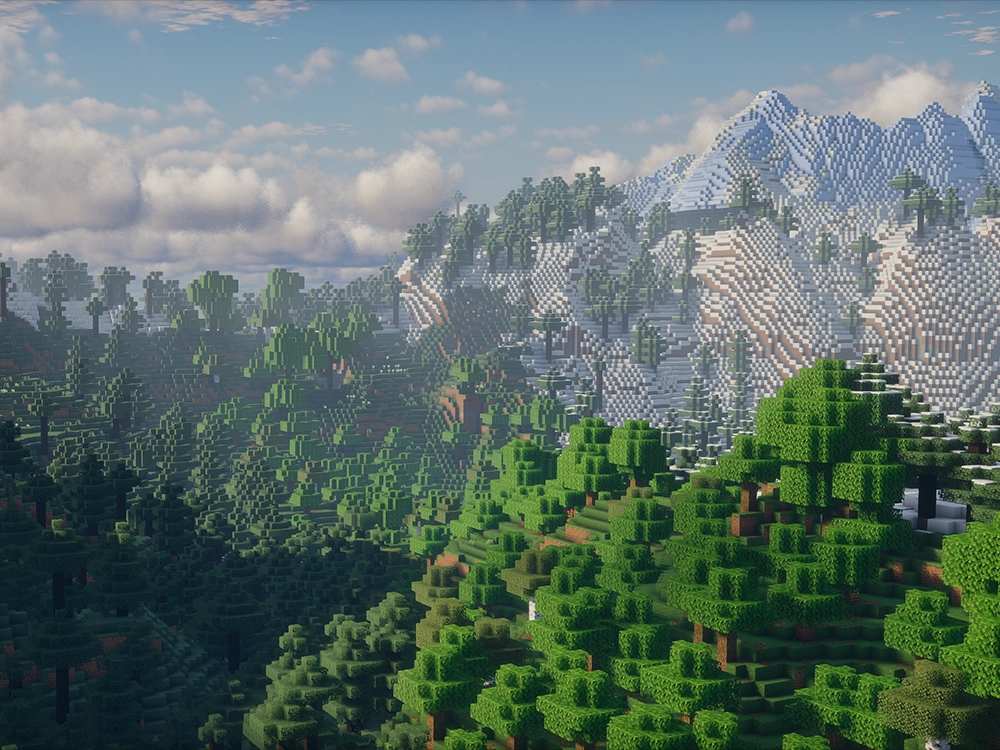 Photon Shaders Minecraft mountain forest landscape with realistic shadows and sky rendering