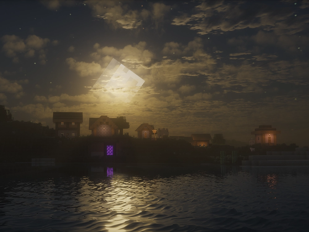 Photon Shaders Minecraft night village with glowing windows and moon reflection on water